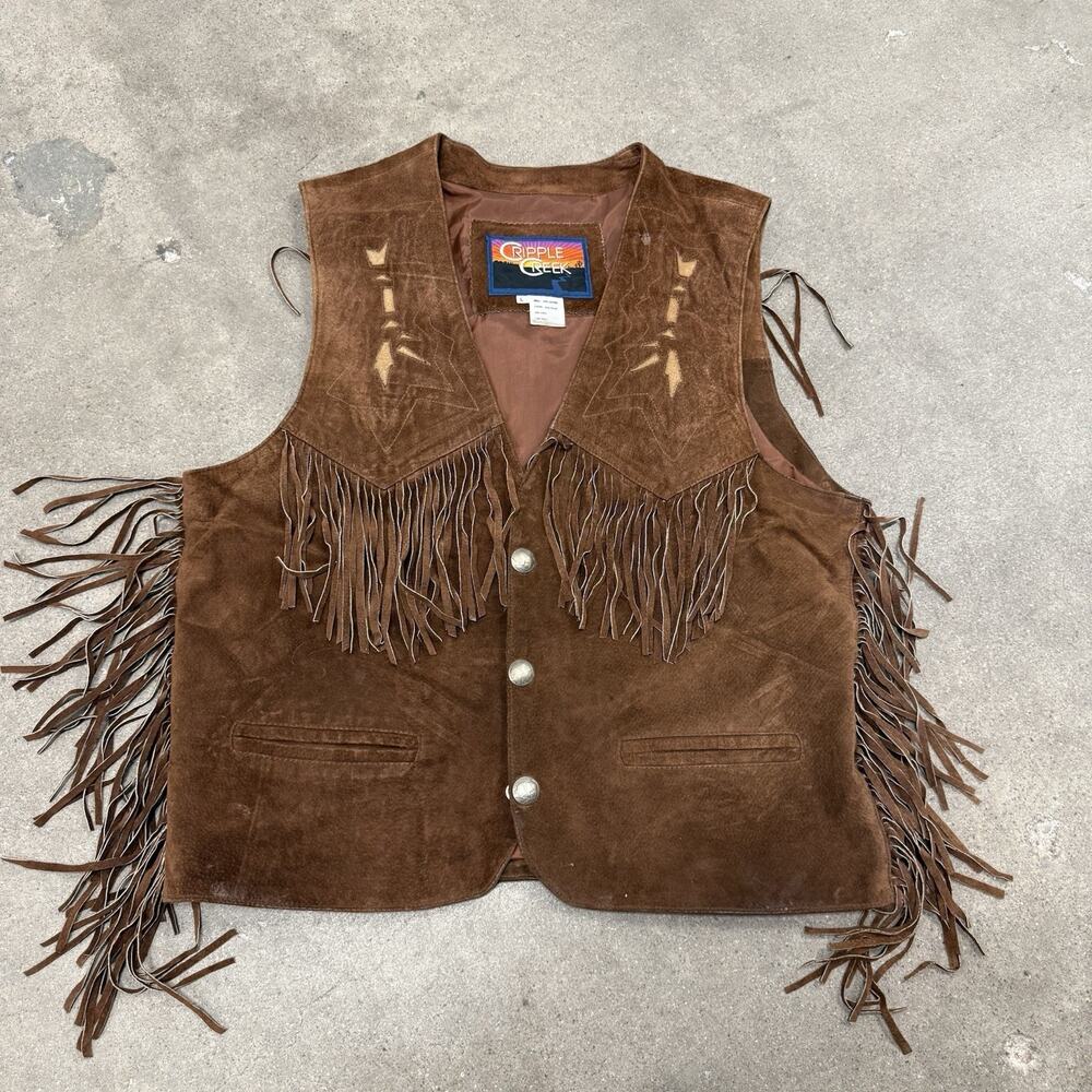 Cripple Creek Western Fringe Leather Suede Vest Men’s Large Boho Brown